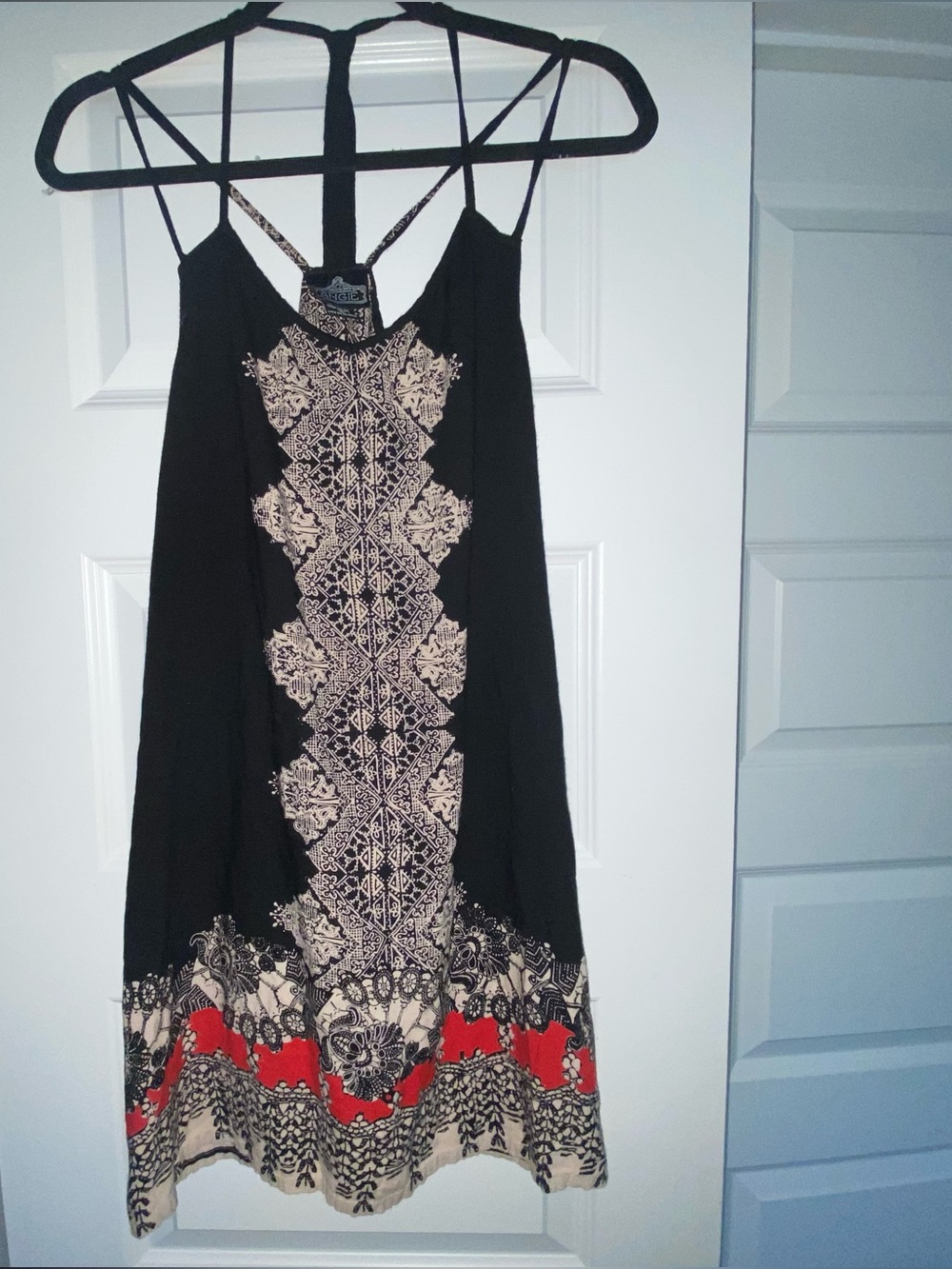 Angie Black Slip Dress with Cream Embroidery and Red Hem Accent